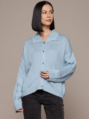 Roadster Solid Collared Neck Casual Women Blue Sweater