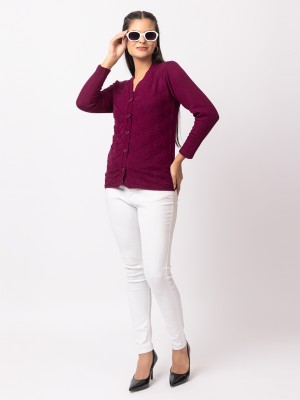 dadu dayal Self Design V Neck Casual Women Purple Sweater