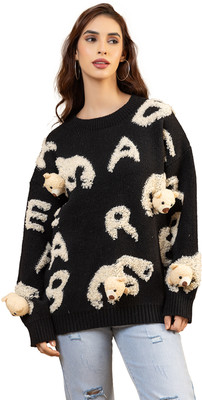 GFO Printed Round Neck Casual Women Black Sweater