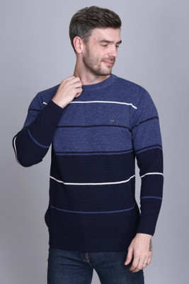 eWools Striped Round Neck Casual Men Dark Blue Sweater