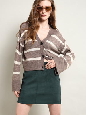 VERO MODA Striped V Neck Casual Women Brown Sweater