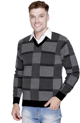 aarbee Checkered V Neck Casual Men Black Sweater