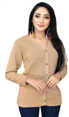 Shunit creation Self Design V Neck Lounge Wear Women Beige Sweater