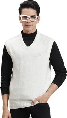 MONTE CARLO Solid V Neck Casual Men White Sweater