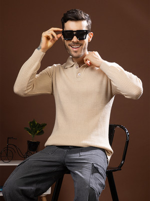 TYSORT Self Design Collared Neck Casual Men Beige Sweater