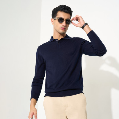 Peregrine by Pantaloons Solid Collared Neck Casual Men Blue Sweater