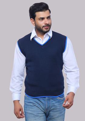 NATRIS Self Design V Neck Casual Men Blue Sweater