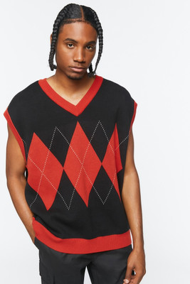 FOREVER 21 Printed V Neck Casual Men Black Sweater