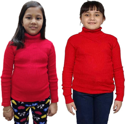 LOVO Solid Turtle Neck Casual Girls Red Sweater