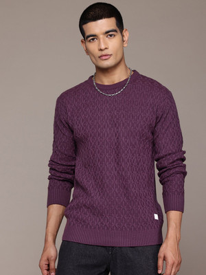 Roadster Self Design Round Neck Casual Men Purple Sweater