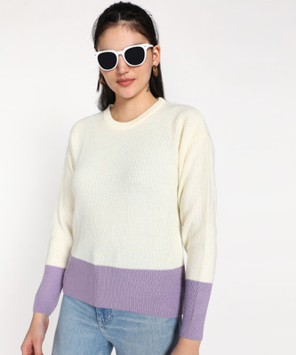 NUMERO UNO Colorblock Crew Neck Casual Women White Sweater