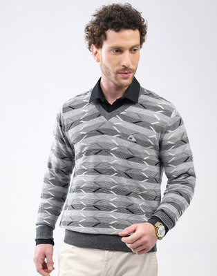 MONTE CARLO Self Design V Neck Casual Men Grey Sweater