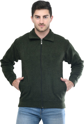 manra Striped Collared Neck Casual Men Green Sweater