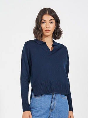 Roadster Solid Collared Neck Casual Women Blue Sweater