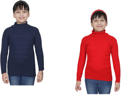 IndiWeaves Solid High Neck Casual Girls Red Sweater