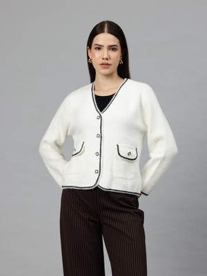 PIERRE CARLO Striped Round Neck Casual Women White Sweater
