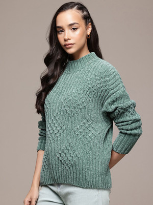 Roadster Self Design Turtle Neck Casual Women Green Sweater
