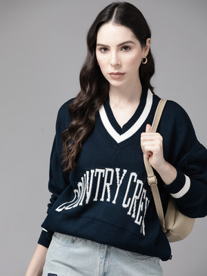 Roadster Self Design V Neck Casual Women Blue Sweater