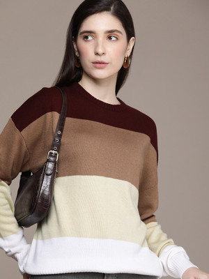 French Connection Colorblock Round Neck Casual Women Maroon Sweater