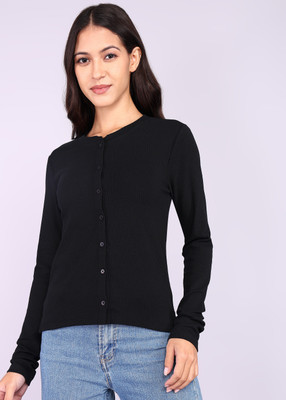 GAP Solid Round Neck Casual Women Black Sweater
