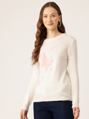 One Femme Embroidered Round Neck Casual Women White Sweater