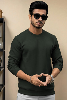 TRIPR Solid Round Neck Casual Men Dark Green Sweater