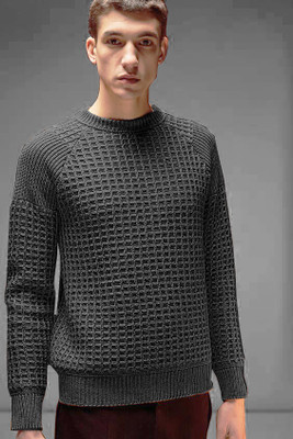 HOSUEOFCOMMON Self Design Round Neck Casual Men Grey Sweater