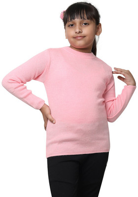 IndiWeaves Solid Round Neck Casual Girls Pink Sweater