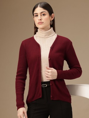 CHEMISTRY Printed V Neck Casual Women Maroon Sweater