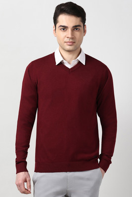 PETER ENGLAND Solid V Neck Casual Men Maroon Sweater