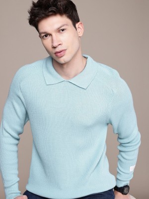 WROGN Self Design Peter Pan Collar Casual Men Blue Sweater