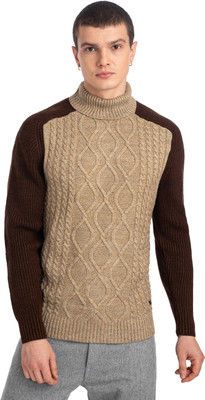 AXMANN Self Design High Neck Casual Men Brown Sweater
