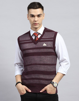 MONTE CARLO Self Design V Neck Casual Men Maroon Sweater
