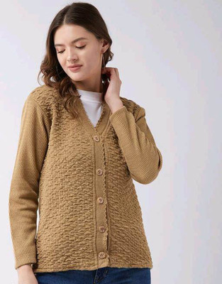 SHRIGANESH ENTERPRISES Self Design V Neck Casual Women Brown Sweater