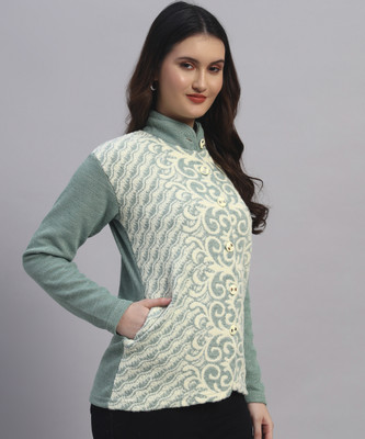SYDNEY HILLS Woven Mandarin Neck Casual Women Light Green Sweater