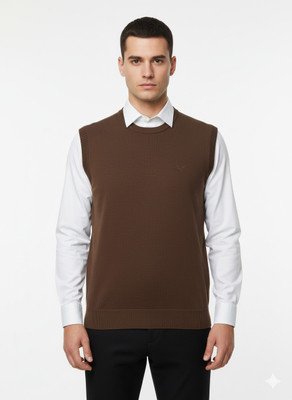VOMAZO Solid Round Neck Formal Men Brown Sweater
