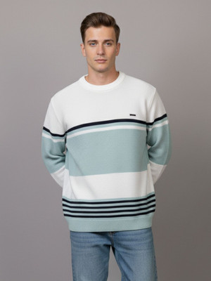 WAY TO TRENDY Striped Round Neck Casual Men Light Green Sweater