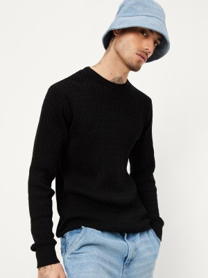 MAX Solid Round Neck Casual Men Black Sweater