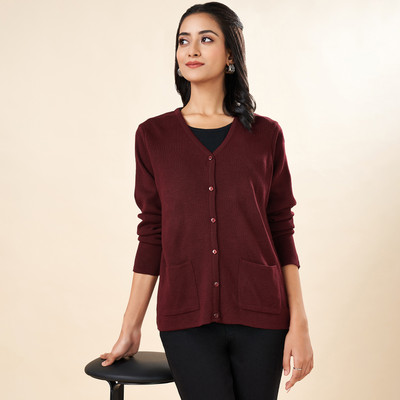 Rangmanch by Pantaloons Self Design V Neck Casual Women Maroon Sweater
