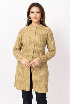 Dodge Self Design Round Neck Casual Women Beige Sweater
