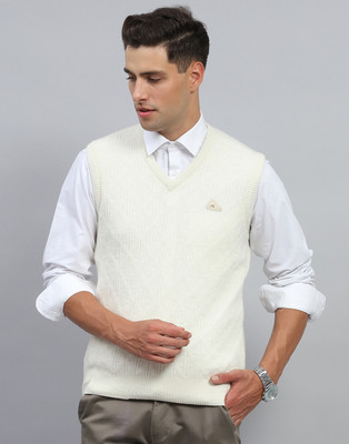 MONTE CARLO Self Design V Neck Casual Men White Sweater