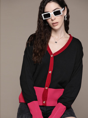 Roadster Colorblock V Neck Casual Women Black Sweater
