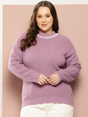 Sztori Self Design Turtle Neck Casual Women Purple Sweater