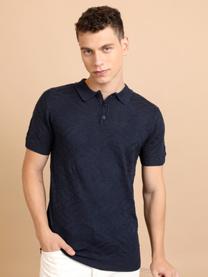 HIGHLANDER Self Design Collared Neck Casual Men Blue Sweater