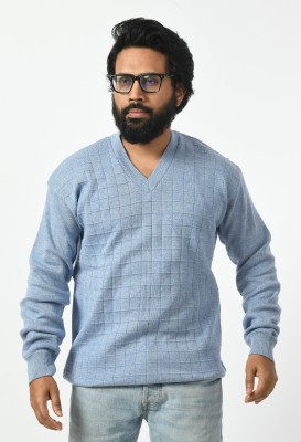 manra Self Design V Neck Casual Men Light Blue Sweater