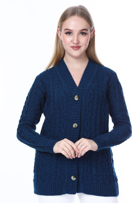 NOQUO Self Design V Neck Casual Women Dark Blue Sweater
