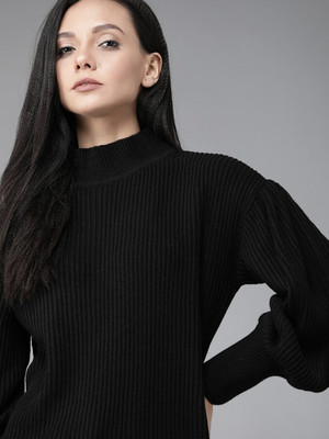 Roadster Woven Turtle Neck Casual Women Black Sweater