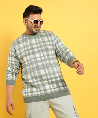 Instafab Plus Checkered Round Neck Casual Men Green Sweater