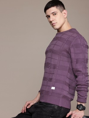 Roadster Checkered Round Neck Casual Men Purple Sweater