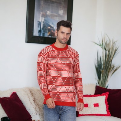 FUKUSO Woven Round Neck Casual Men Orange Sweater